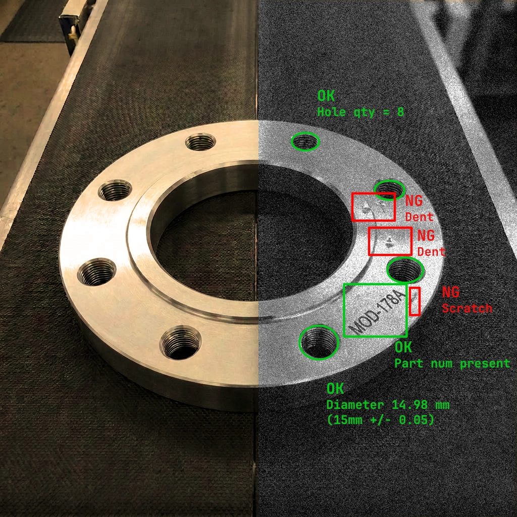 Flange under automated inspection — hole count, diameter, dents and scratches flagged